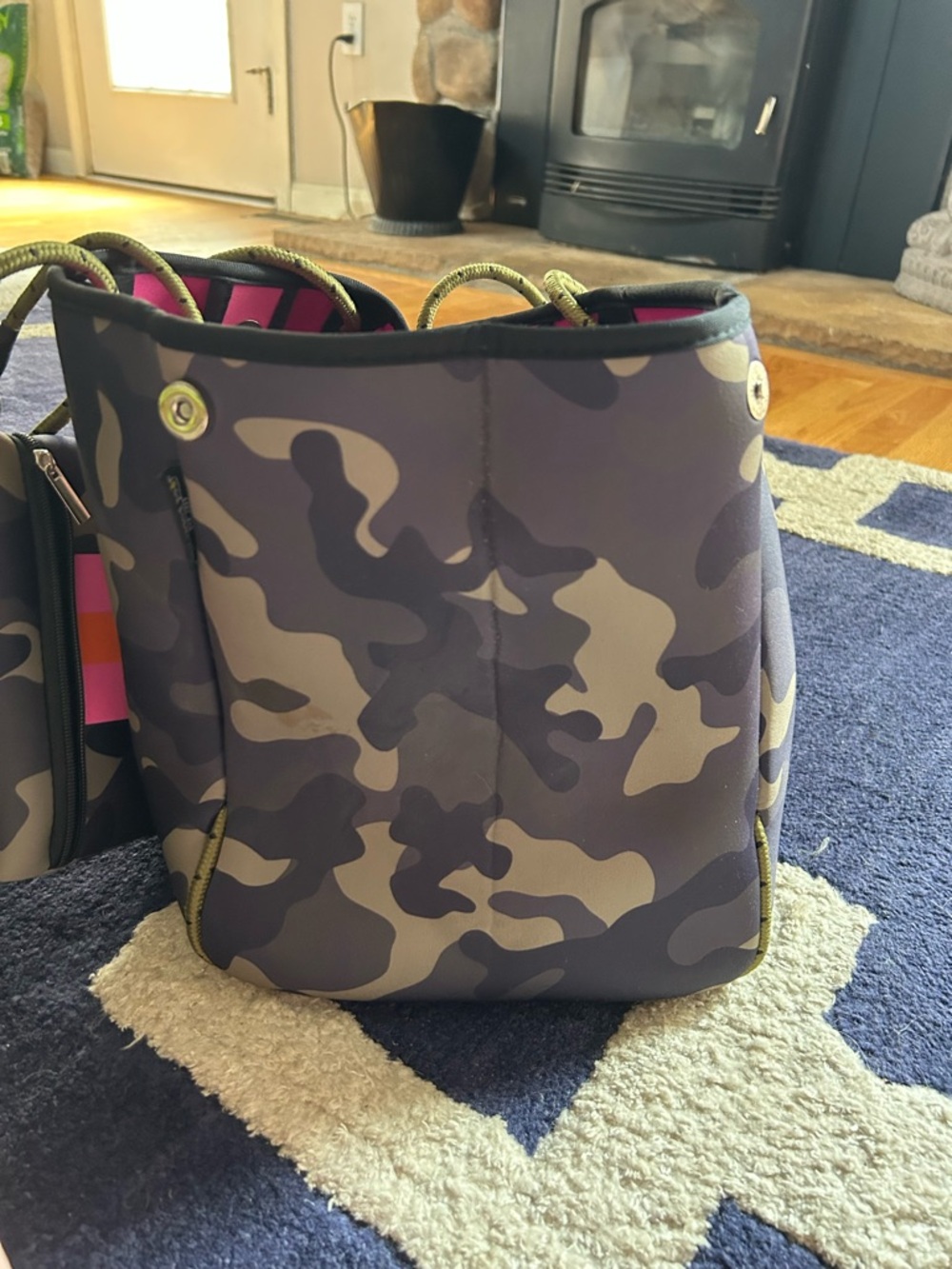 Women’s Camouflage Neoprene Tote with Pink and Orange Stripe - Picture 3 of 5